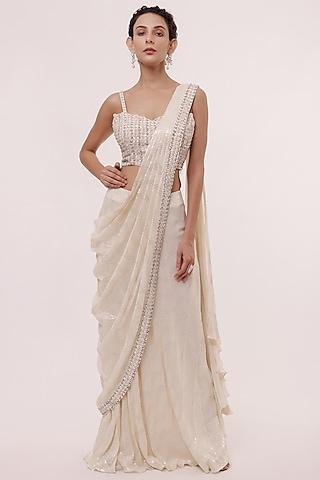 off-white chikankari pre-stitched draped saree set