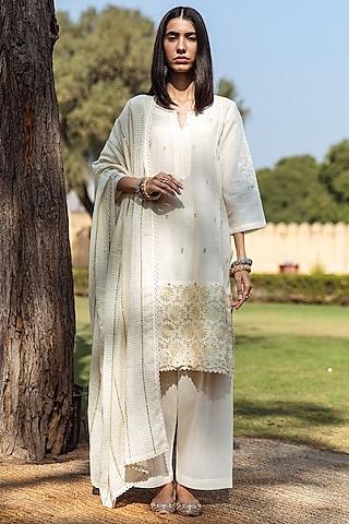 off-white cotton embroidered straight kurta set