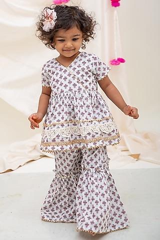 off-white cotton printed & boota sharara set for girls
