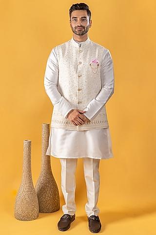 off-white embroidered bundi jacket with kurta set for boys