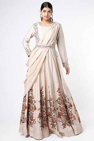 off-white embroidered gown with draped dupatta