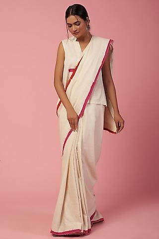 off-white khadi cotton saree set