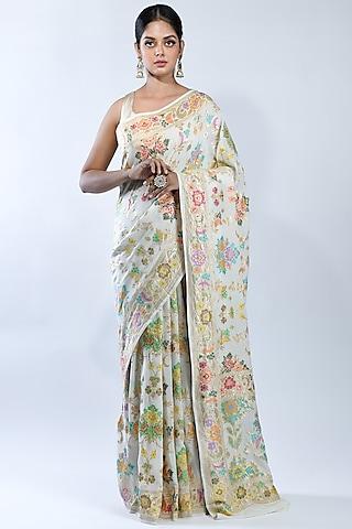 off-white khadi georgette handwoven saree