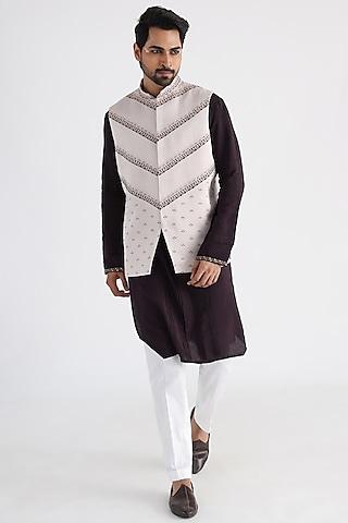 off-white linen satin embroidered nehru jacket