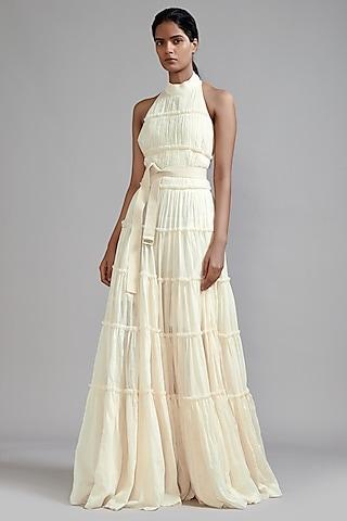 off-white mul tiered gown with belt