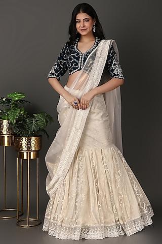 off-white net & self zari georgette pearl work draped saree set