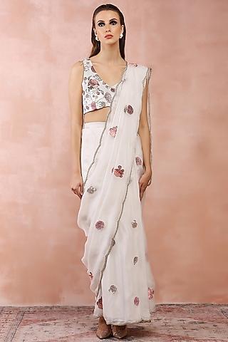 off-white organza printed pre-stitched saree set