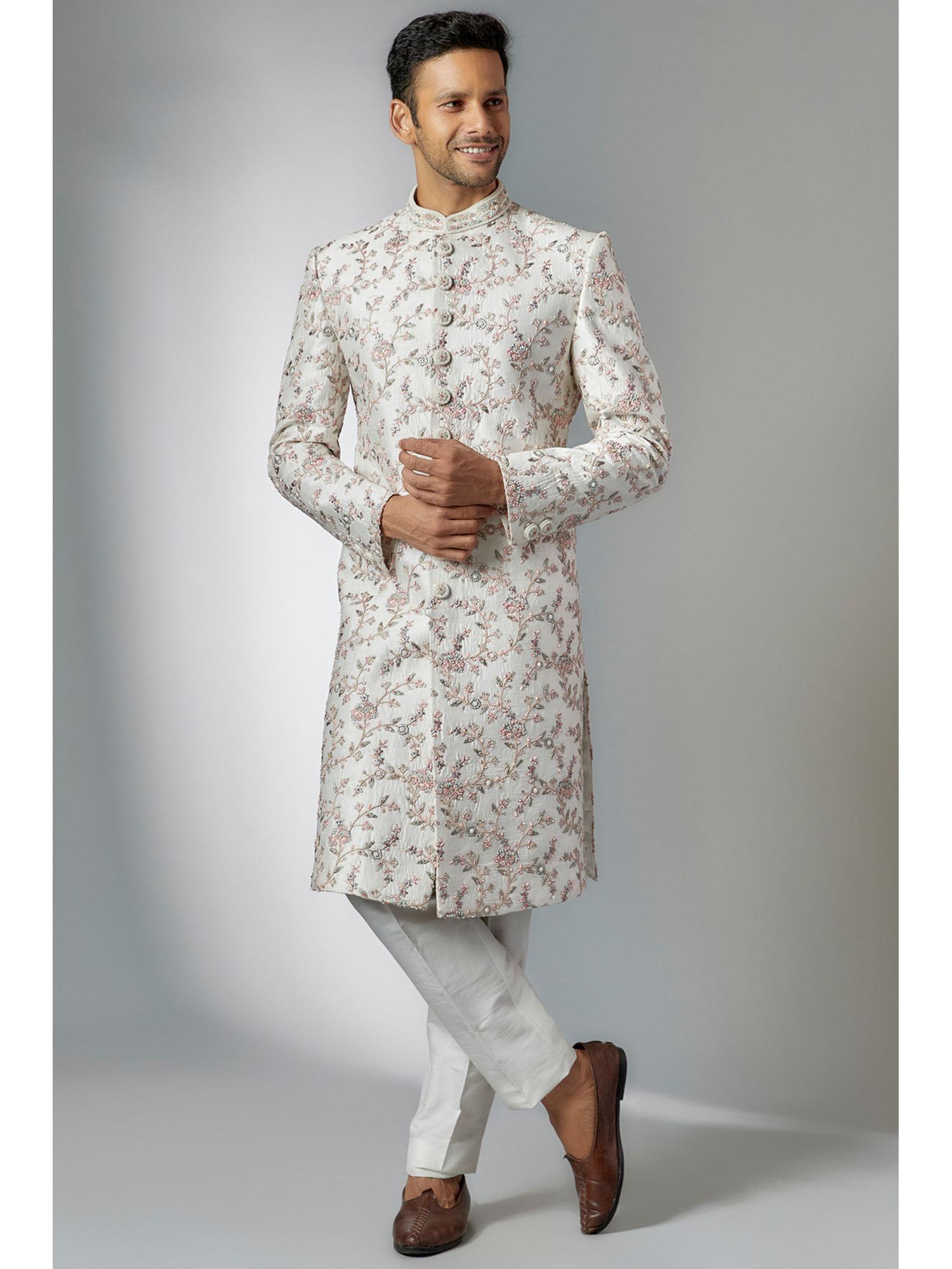 off-white raw silk embroidered sherwani and pant (set of 2)