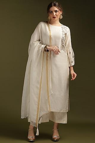 off-white silk chanderi zardosi embroidered kurta set