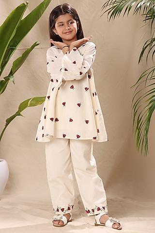 off-white soft cotton cambric embroidered co-ord set for girls