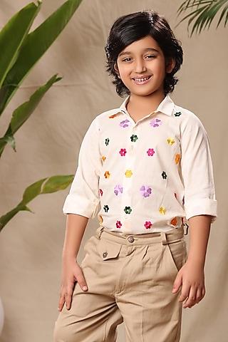 off-white soft cotton cambric floral embroidered shirt for boys
