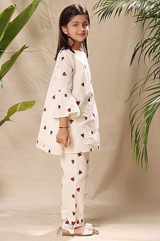 off-white soft cotton cambric ladybug embroidered kurta set for girls