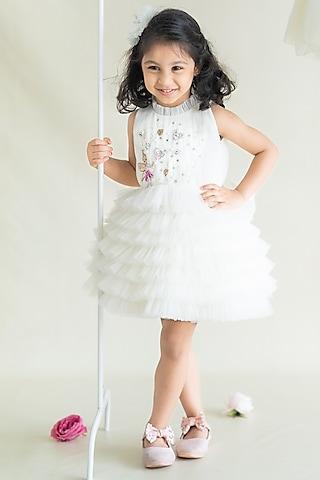 off-white tulle hand embroidered layered dress for girls