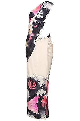 off white, black and pink "aster" floral handpainted saree with an unstitched blouse piece