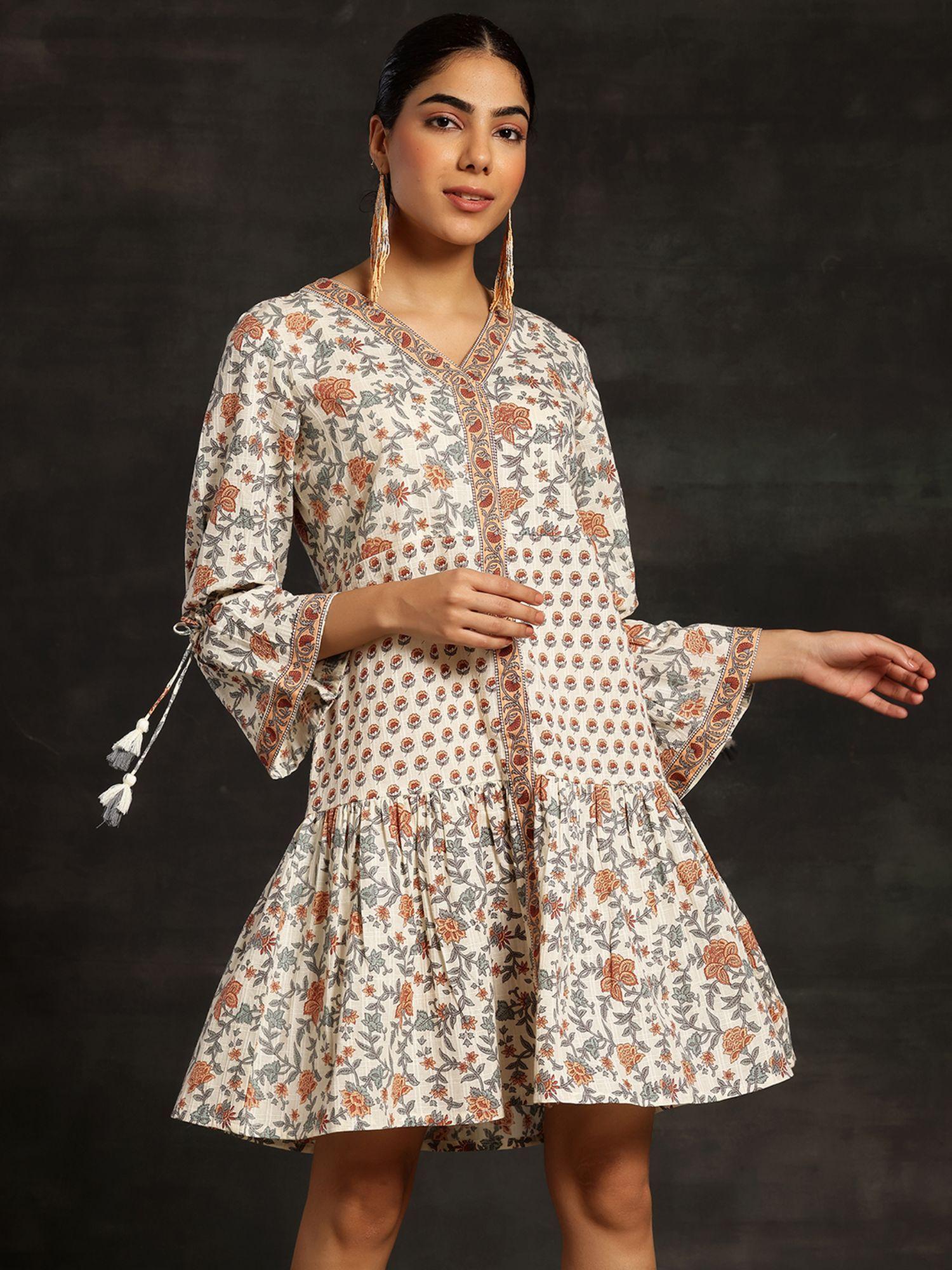 off white & beige floral printed dress with a panelled style