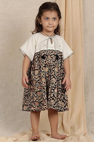 off-white & black cotton printed flared dress for girls