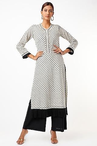 off-white & black embroidered kurta set for girls