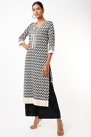 off-white & black printed kurta set for girls