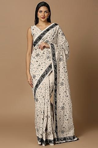off-white & black tussar silk floral embroidered saree set