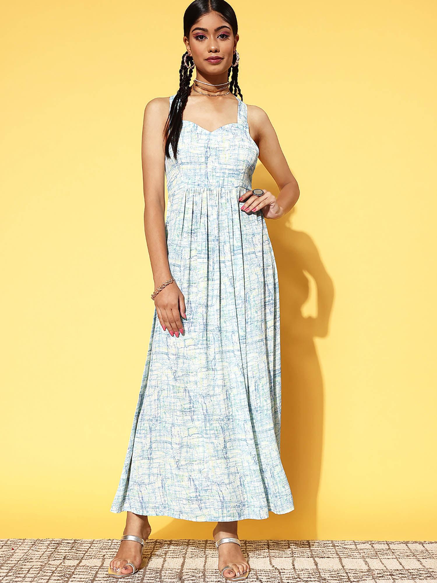 off white & blue abstract printed georgette fit & flared maxi dress