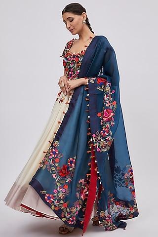 off-white & blue chanderi embroidered anarkali set