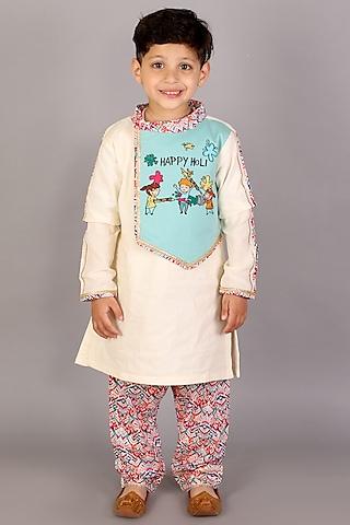off-white & blue cotton cambric embroidered kurta set for boys