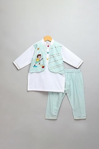 off-white & blue cotton embroidered kurta set for boys