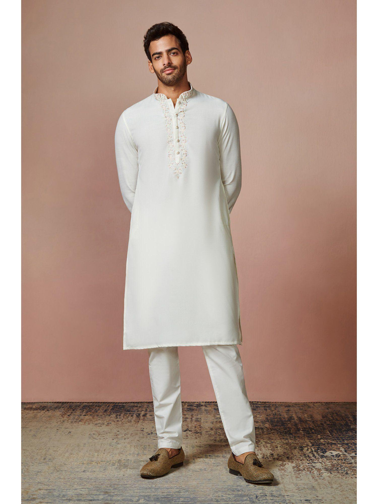 off white & cream full sleeves kurta with pencil pajama (set of 2)
