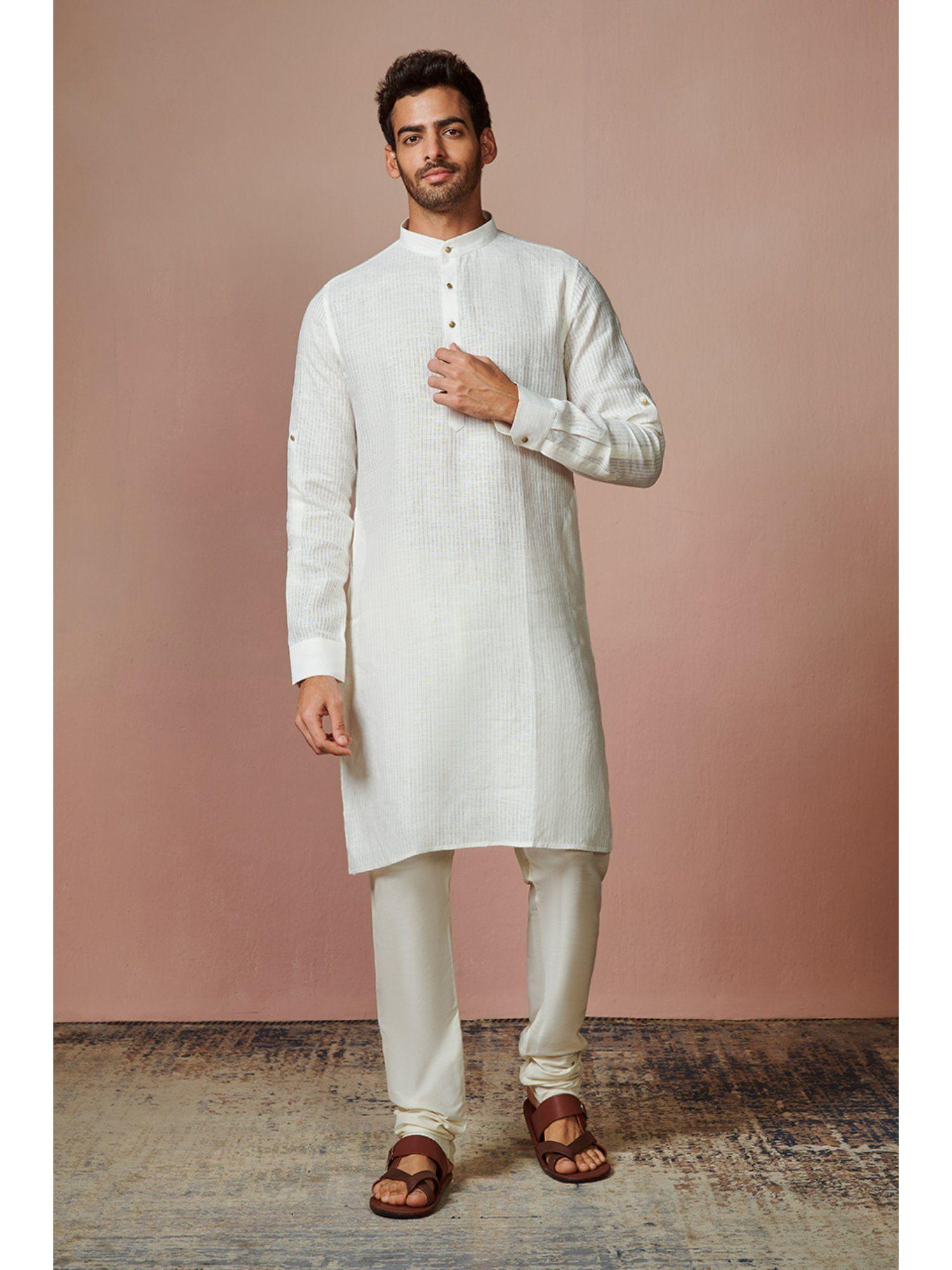 off white & cream linen mandarin collar kurta only