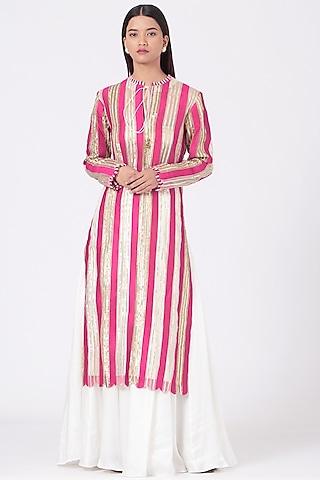 off-white & dark pink embroidered kurta set