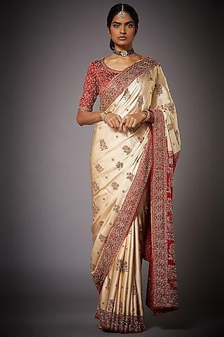 off-white & deep red embroidered saree set