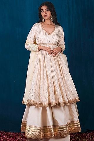 off-white & gold banarasi chanderi hand embroidered anarkali set