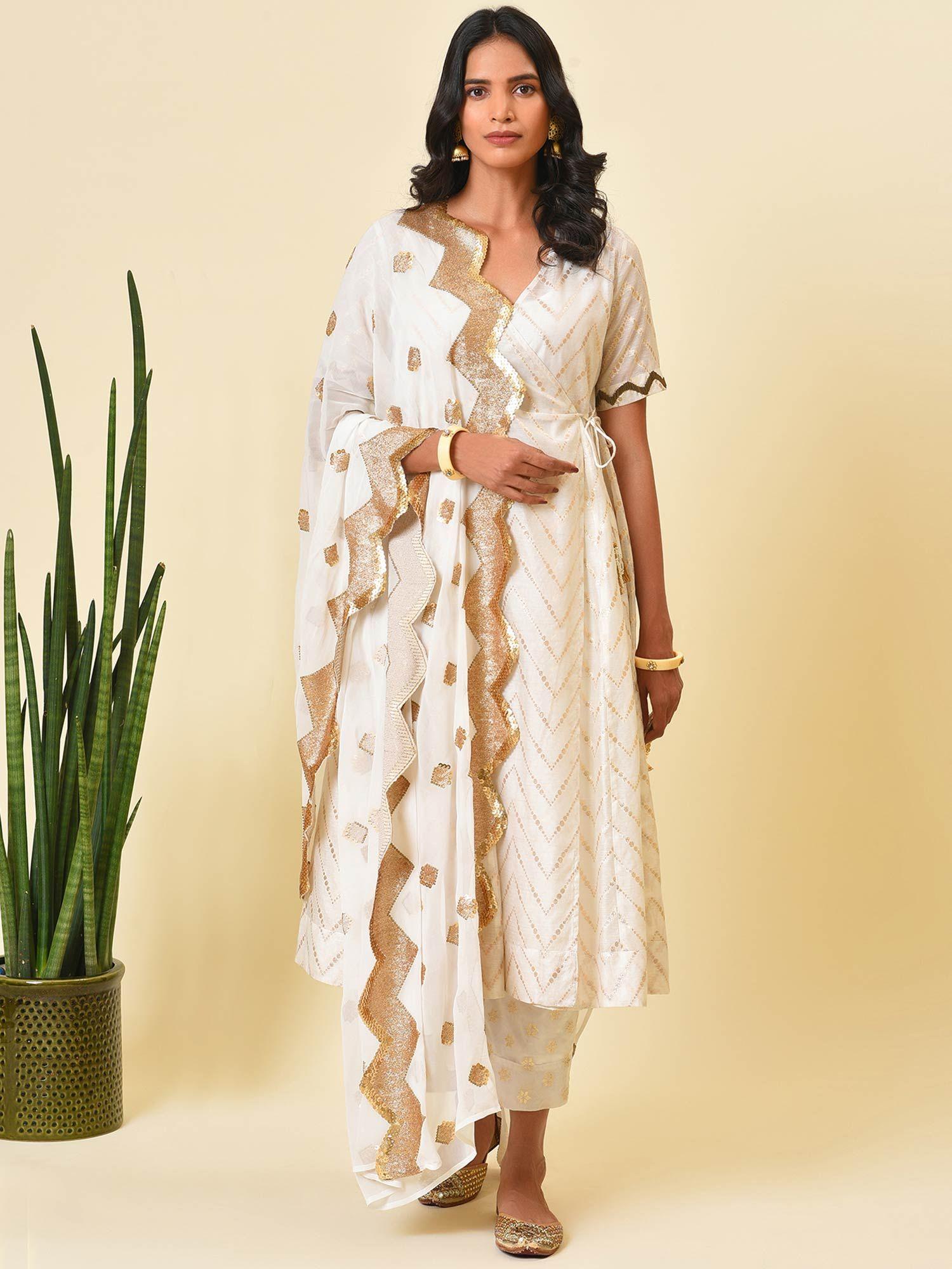 off white & gold kurta inner and pant with dupatta (set of 4)