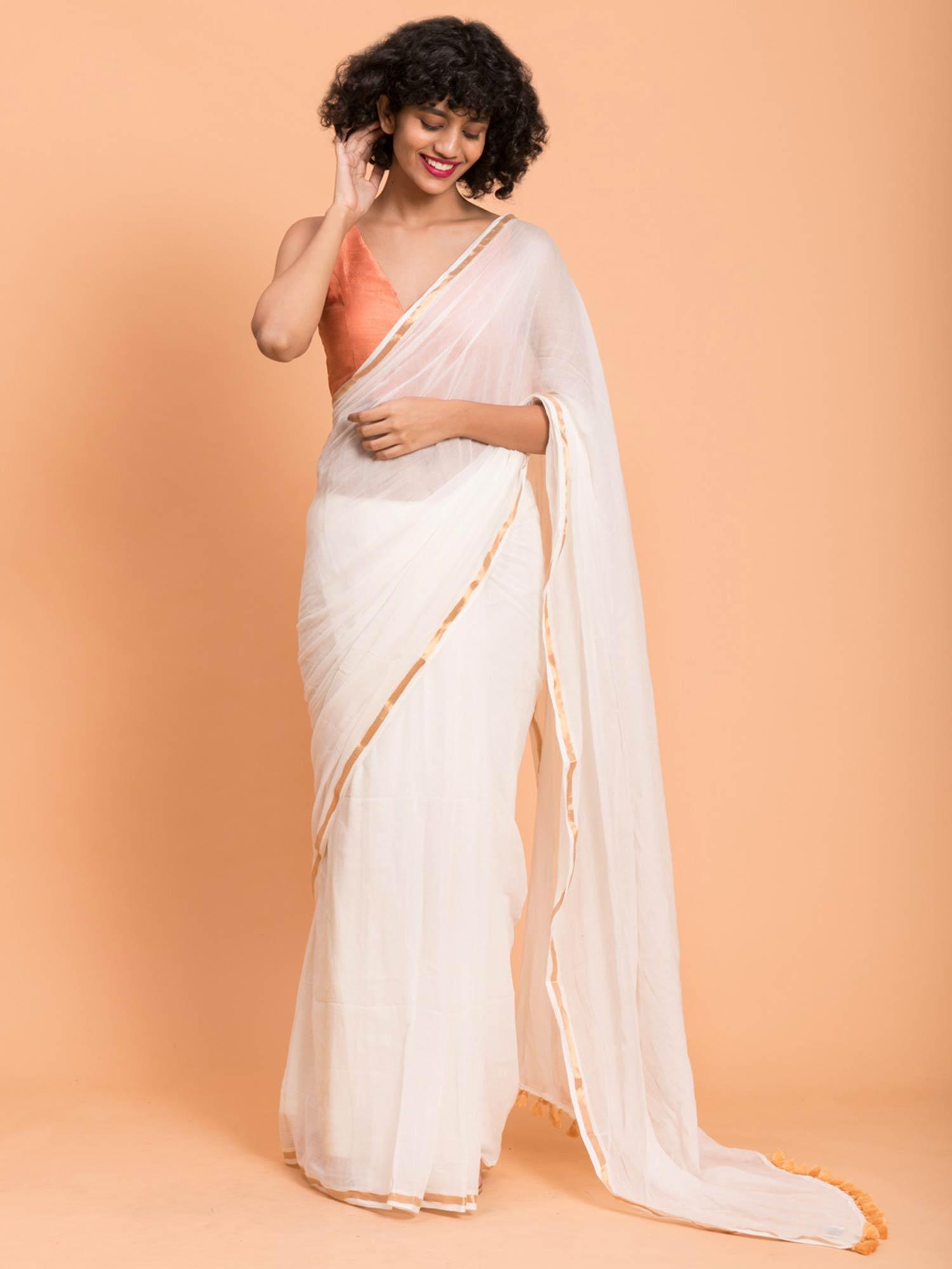 off-white & gold pure cotton handloom saree without blouse