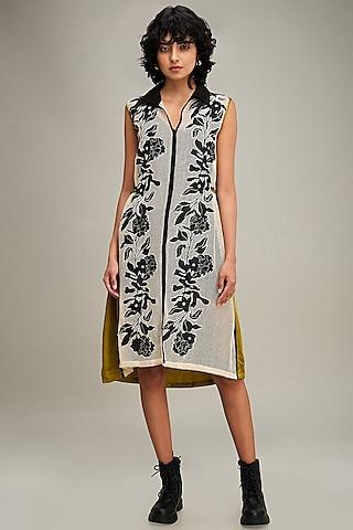 off-white & green handloom net applique embroidered dress