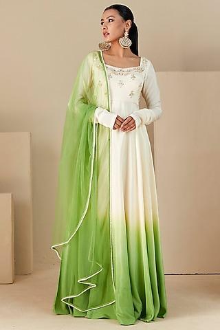 off-white & green ombre crepe silk hand embroidered anarkali set