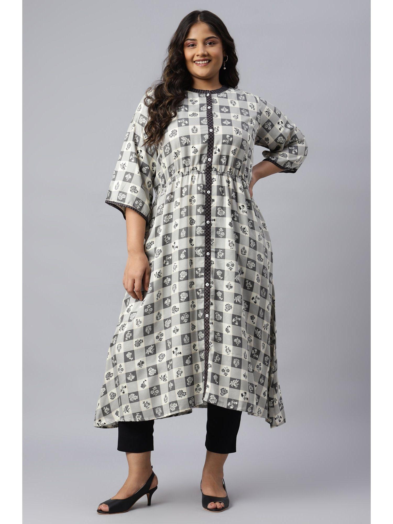 off white & grey asymmetrical printed plus size kurta