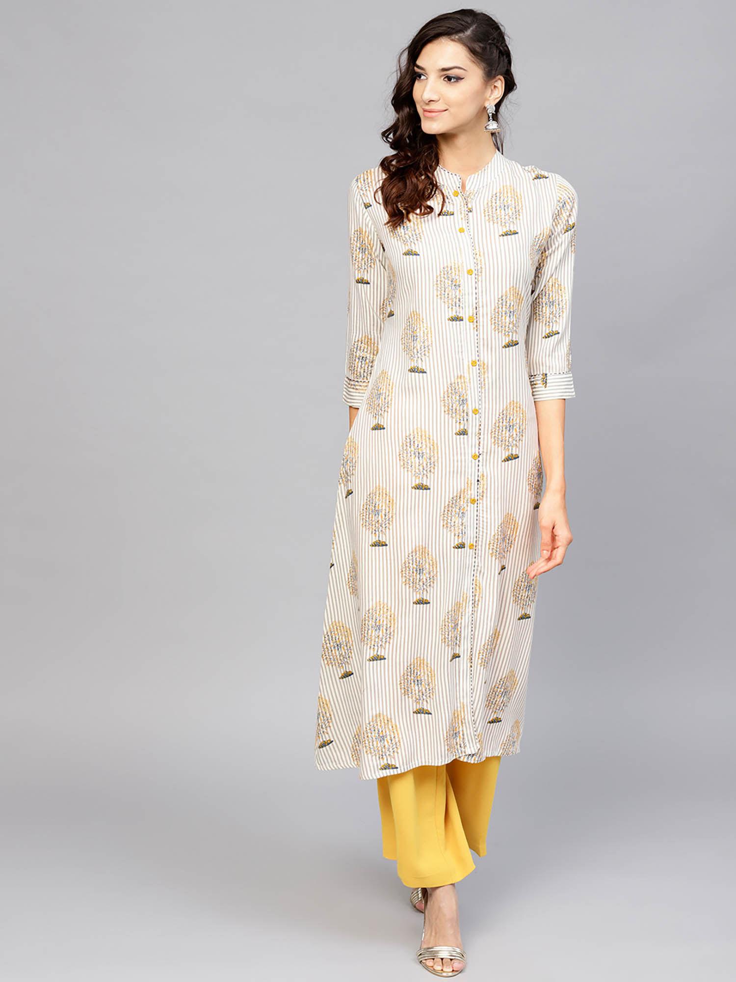 off-white & grey striped a-line kurta