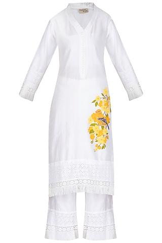 off white & lemon yellow embellished kurta set