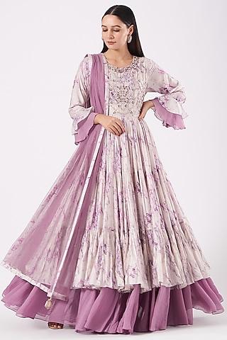 off-white & mauve hand embroidered anarkali set