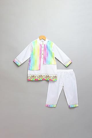 off-white & multi-colored cotton printed kurta set for boys