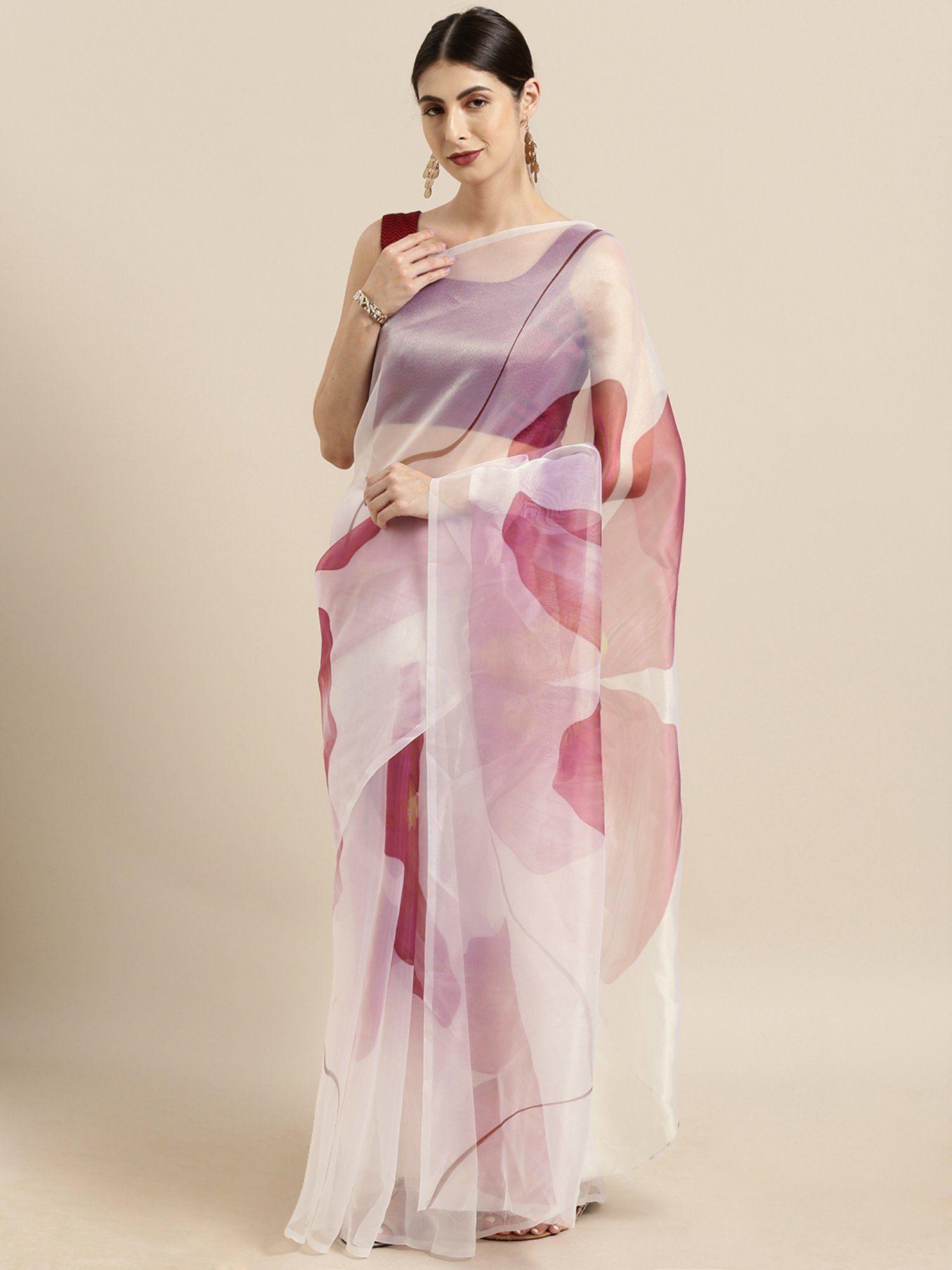 off white & pink floral printed organza saree with unstitched blouse