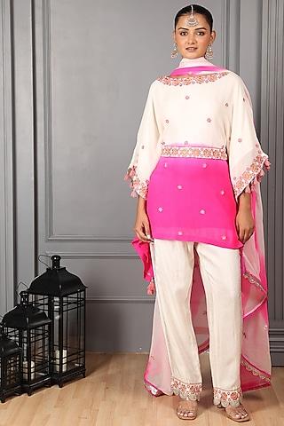 off-white & pink ombre silk georgette thread embroidered kaftan set