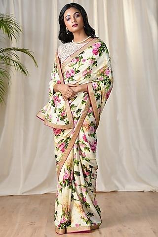 off white & pink rayon crepe floral embroidered saree set
