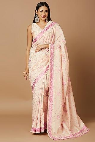 off-white & pink tussar silk floral embroidered saree set
