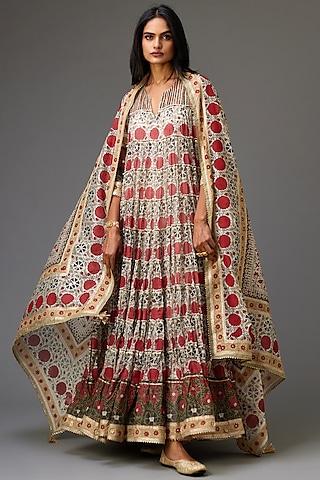 off-white & red cotton chanderi printed tiered kurta set