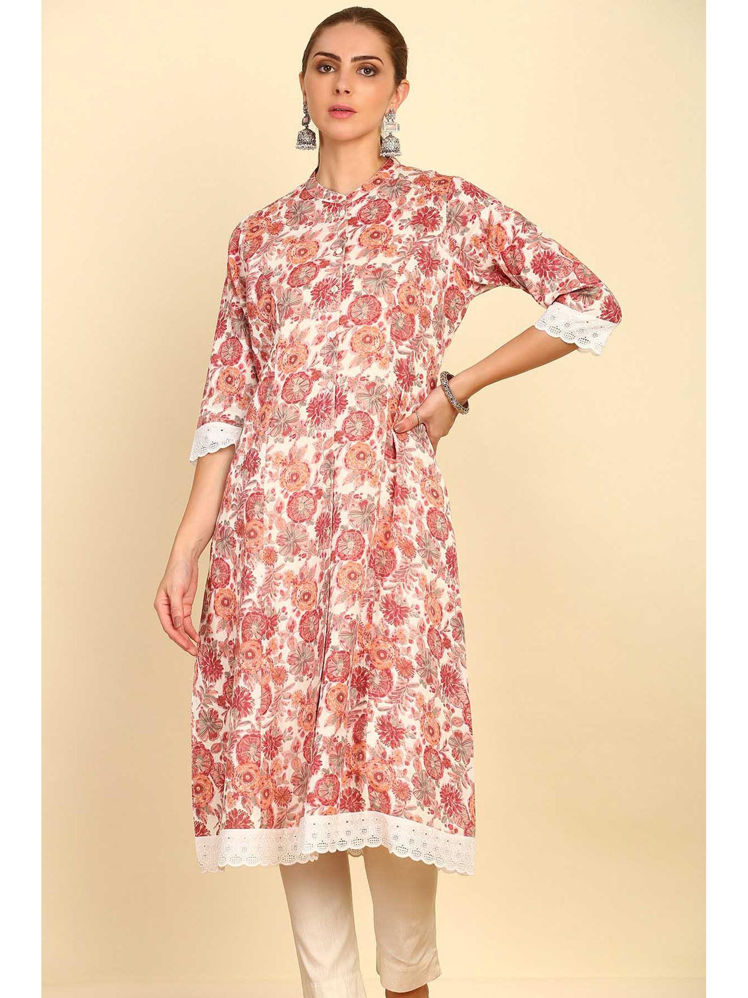 off-white & red floral printed cotton flex kurta with lace