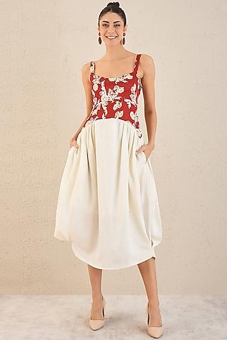 off-white & red linen baroque printed midi dress