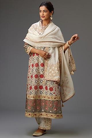 off-white & red silk chanderi printed kurta set