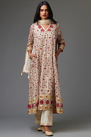 off-white & red silk chanderi printed kurta set